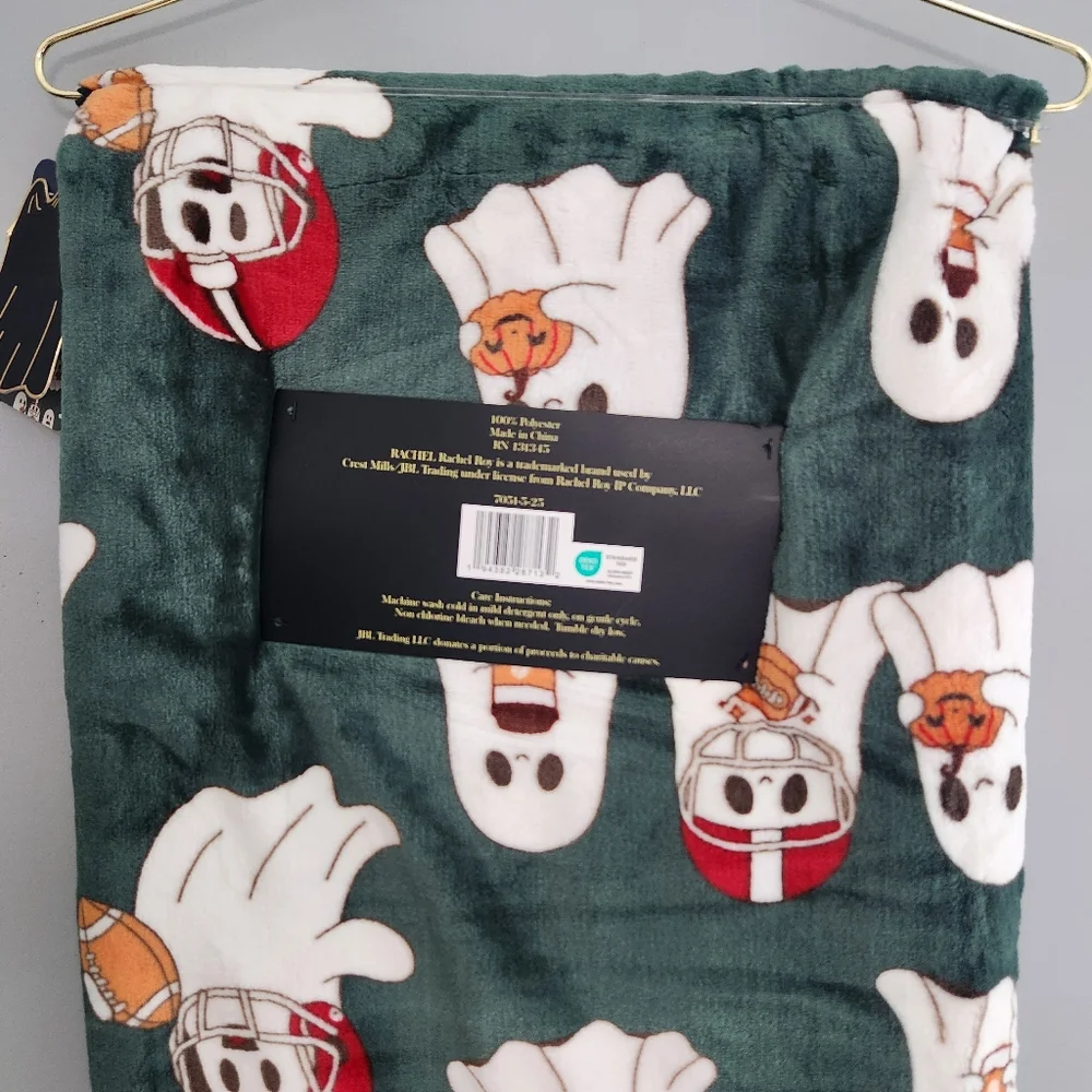 Rachel Dark Green Ghost Football Fall Pattern Pumpkin Plush Throw Blanket NWT